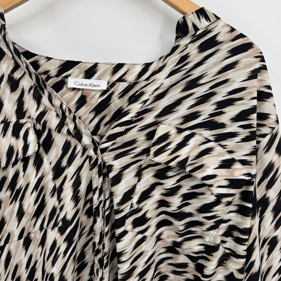 Calvin Klein Womens Animal Print Button Up Blouse 3X Roll Tab Sleeves Stretch - Picture 1 of 8